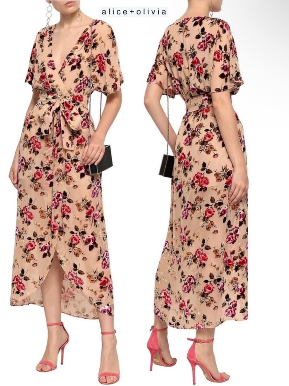 Alice + Olivia Clarine Floral Midi Dress Wrap Velvet Burnout Natural/Multi Sz 2